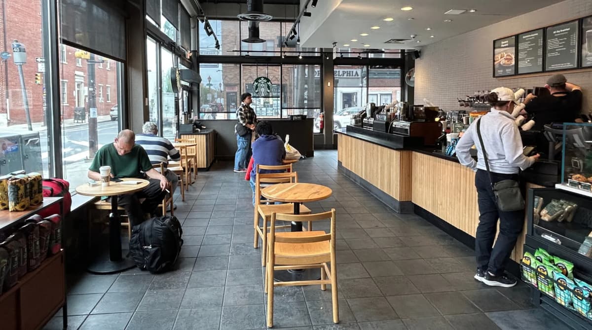 An interior picture of the Starbucks cafe at 9th and South Street in Philadelphia.