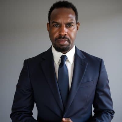 Reggie Connell, Chief Operating Officer at Mental Health Partnerships, standing in front of a cityscape wearing a navy suit and red tie.