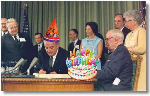 Image displaying LBJ celebrating Medicare and Medicaid's 60th Birthday
